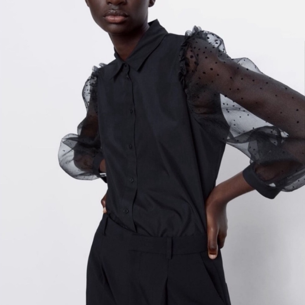 Zara Organza Sleeves Shirt black M polka dots